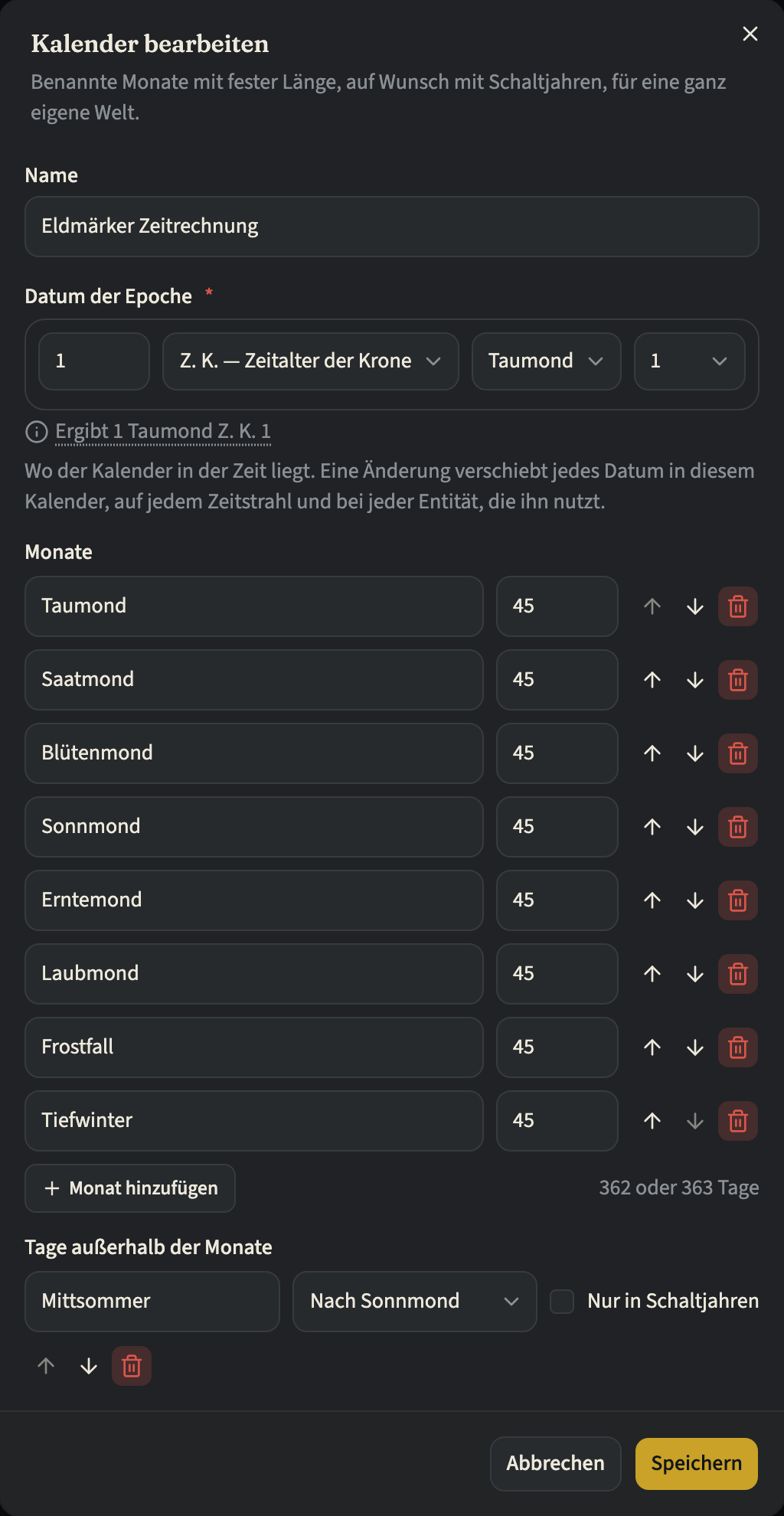 Der Dialog „Kalender bearbeiten“ für die Eldmärker Zeitrechnung: oben der „Name“ und das „Datum der Epoche“, dann unter „Monate“ acht Monate zu je 45 Tagen, die Jahreslänge von 362 oder 363 Tagen und unter „Tage außerhalb der Monate“ Mittsommer und Übertag nach Sonnmond, Übertag mit Haken bei „Nur in Schaltjahren“, dann Jahresend nach Tiefwinter. Darunter die Schaltflächen „Abbrechen“ und „Speichern“
