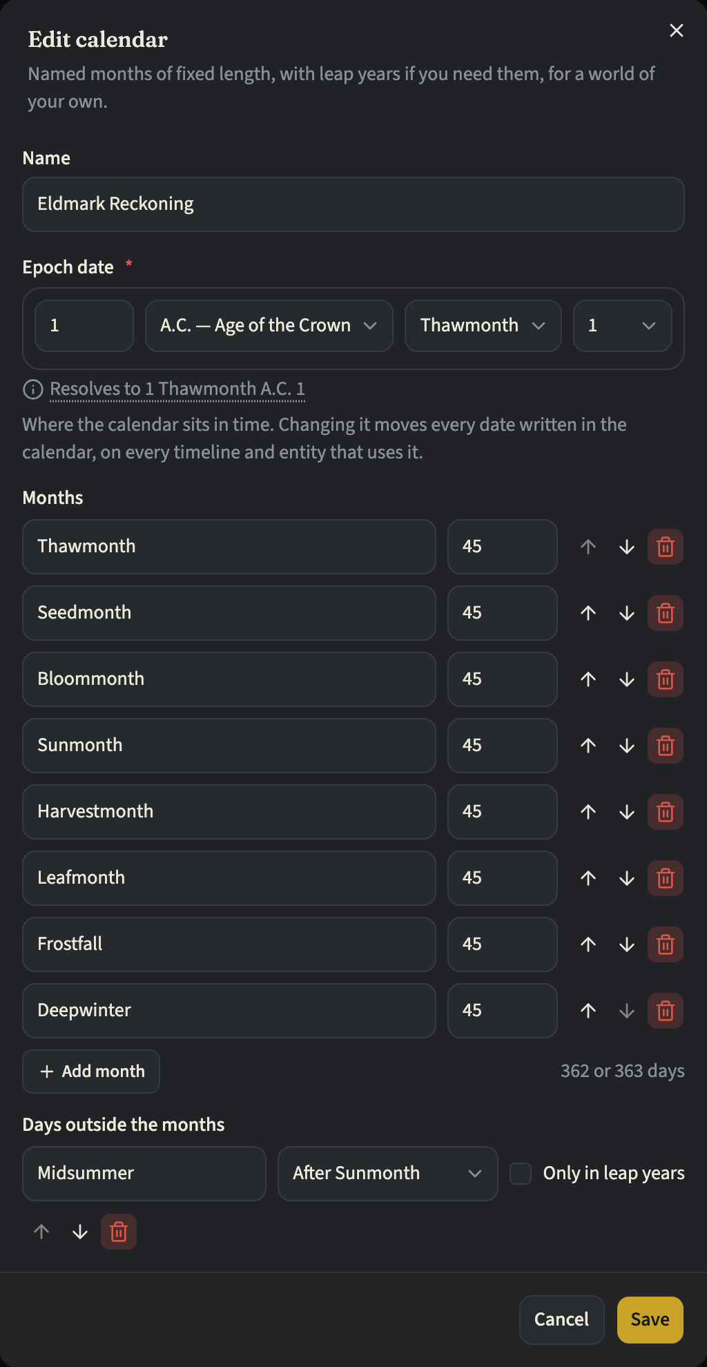 The Edit calendar dialog for Eldmark Reckoning: the Name and the Epoch date at the top, then under Months eight months of 45 days, the year's length of 362 or 363 days, and under Days outside the months, Midsummer and Overday after Sunmonth, with Overday ticked Only in leap years, then Year’s End after Deepwinter. Below them, the Cancel and Save buttons