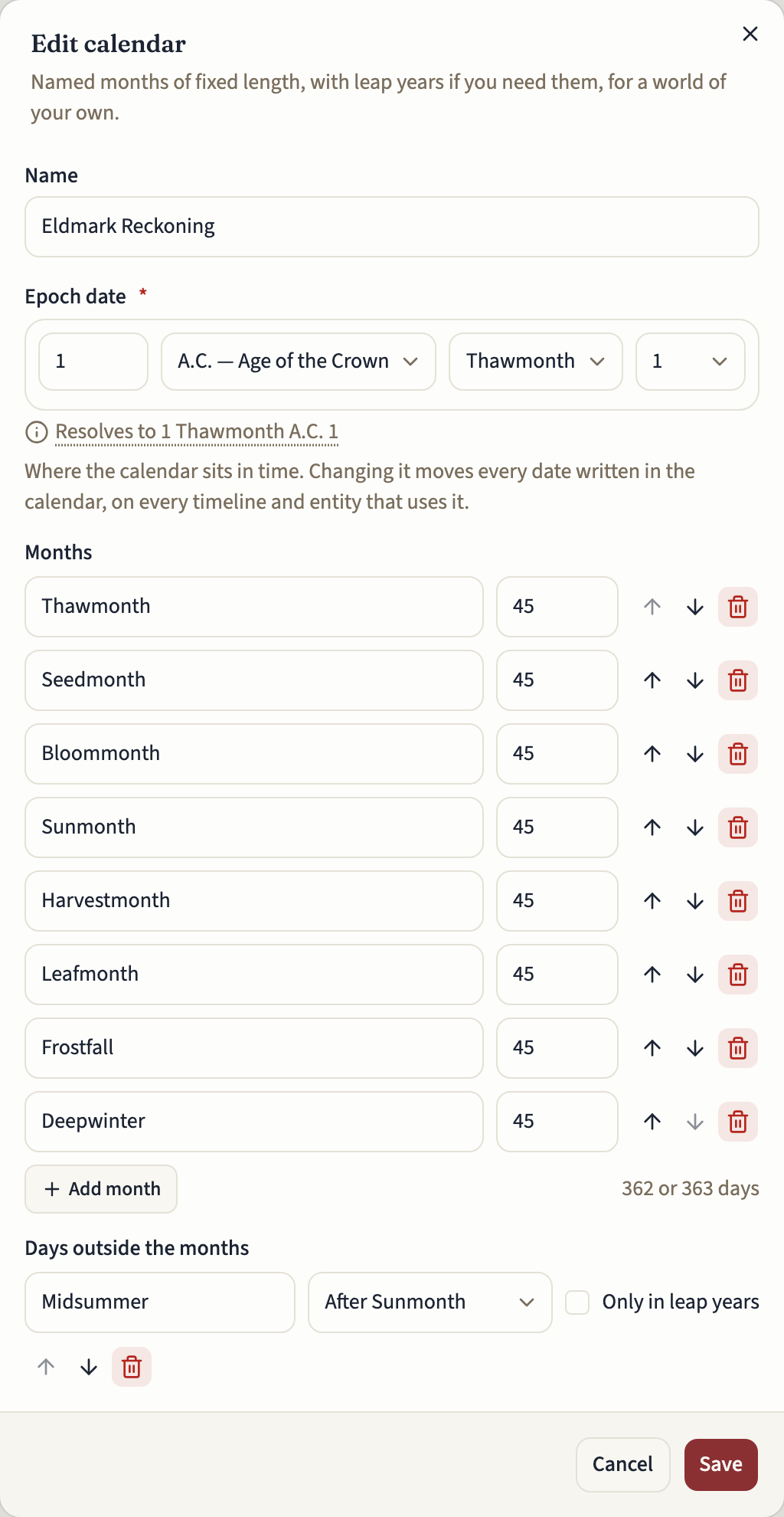 The Edit calendar dialog for Eldmark Reckoning: the Name and the Epoch date at the top, then under Months eight months of 45 days, the year's length of 362 or 363 days, and under Days outside the months, Midsummer and Overday after Sunmonth, with Overday ticked Only in leap years, then Year’s End after Deepwinter. Below them, the Cancel and Save buttons