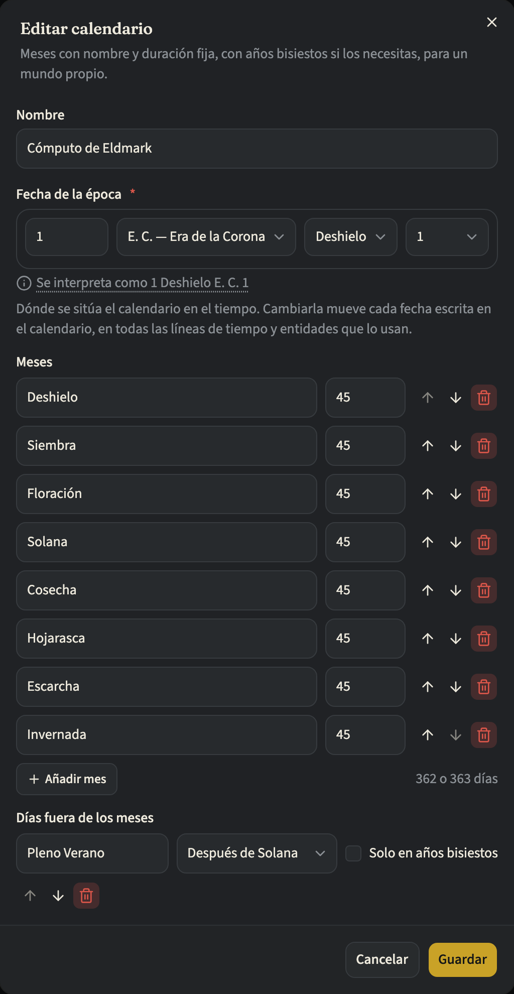 El cuadro de diálogo Editar calendario del Cómputo de Eldmark: arriba el Nombre y la Fecha de la época; luego, en Meses, ocho meses de 45 días, la duración del año de 362 o 363 días y, en Días fuera de los meses, Pleno Verano y Día Añadido después de Solana, con Día Añadido marcado como Solo en años bisiestos, y luego Fin de Año después de Invernada. Debajo, los botones Cancelar y Guardar