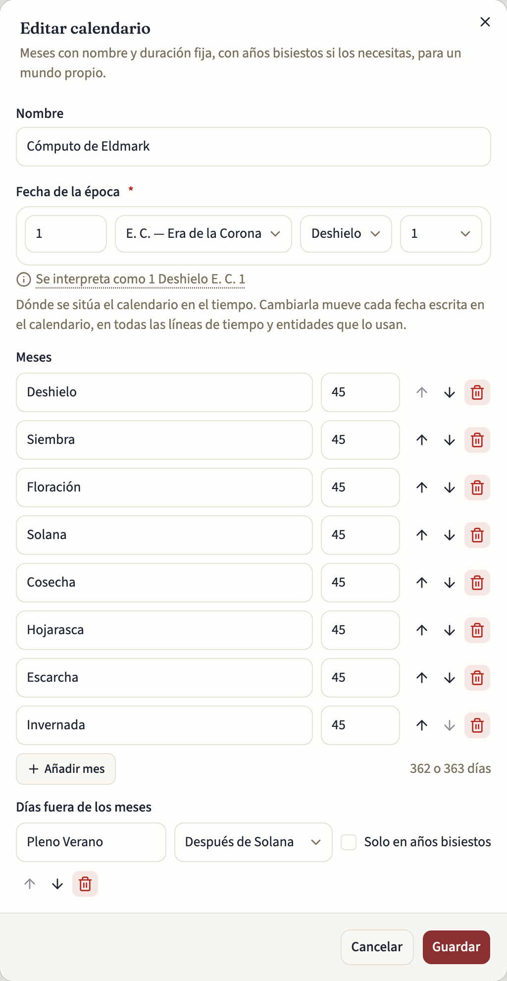 El cuadro de diálogo Editar calendario del Cómputo de Eldmark: arriba el Nombre y la Fecha de la época; luego, en Meses, ocho meses de 45 días, la duración del año de 362 o 363 días y, en Días fuera de los meses, Pleno Verano y Día Añadido después de Solana, con Día Añadido marcado como Solo en años bisiestos, y luego Fin de Año después de Invernada. Debajo, los botones Cancelar y Guardar