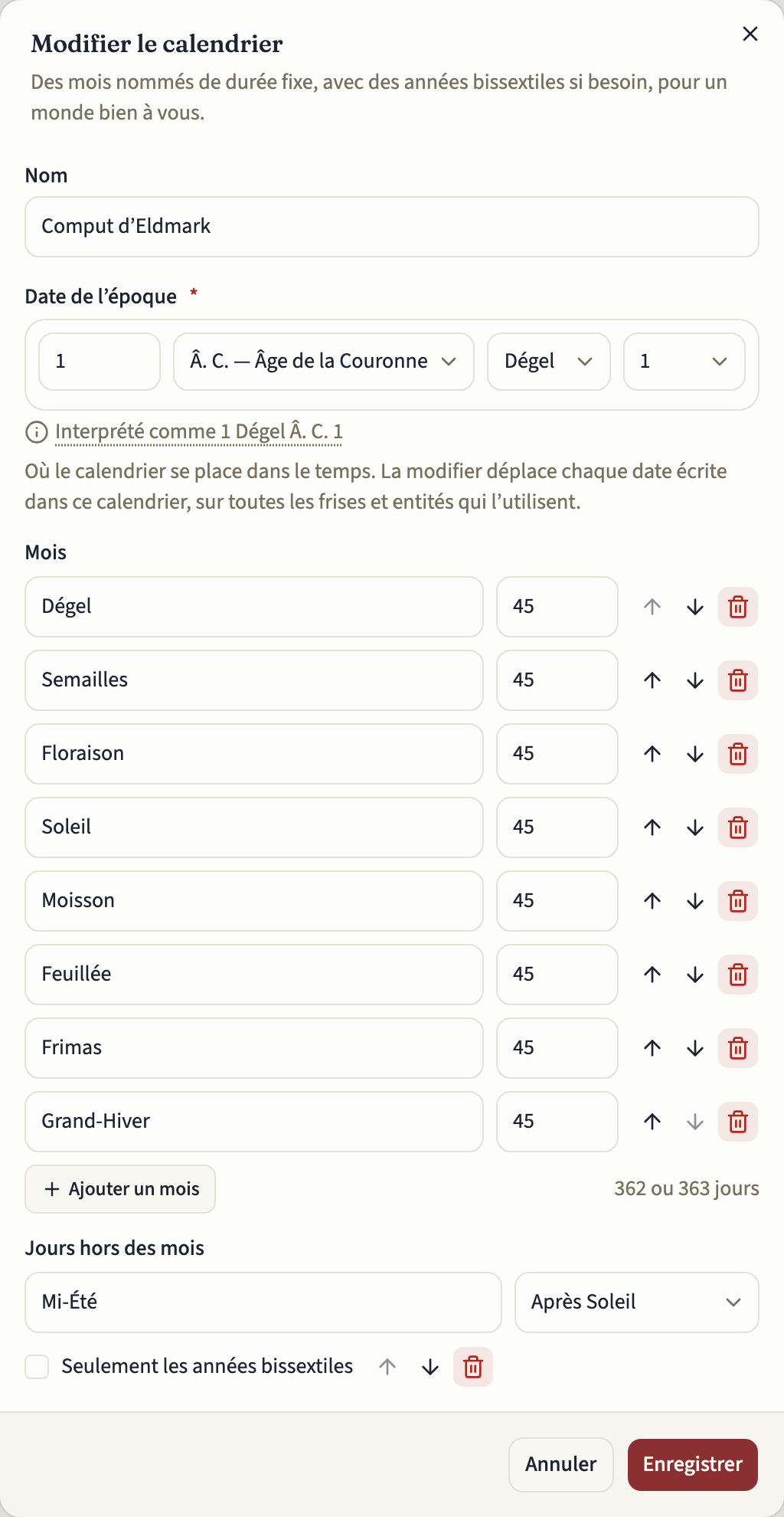 La boîte de dialogue « Modifier le calendrier » pour le Comput d’Eldmark : en haut le « Nom » et la « Date de l’époque » ; puis, sous « Mois », huit mois de 45 jours, la durée de l'année de 362 ou 363 jours et, sous « Jours hors des mois », Mi-Été et Jour d’Outre après Soleil, Jour d’Outre coché « Seulement les années bissextiles », puis Fin d’Année après Grand-Hiver. En dessous, les boutons « Annuler » et « Enregistrer »