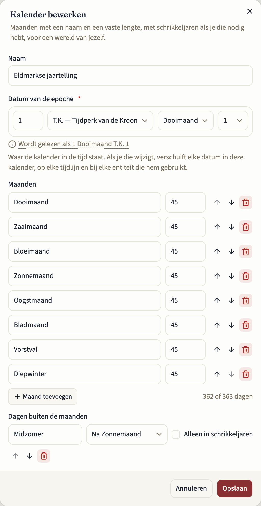 Het venster Kalender bewerken voor de Eldmarkse jaartelling: bovenaan de Naam en de Datum van de epoche; dan onder Maanden acht maanden van 45 dagen, de jaarlengte van 362 of 363 dagen, en onder Dagen buiten de maanden Midzomer en Wendedag na Zonnemaand, met Wendedag aangevinkt bij Alleen in schrikkeljaren, en dan Jaareinde na Diepwinter. Daaronder de knoppen Annuleren en Opslaan