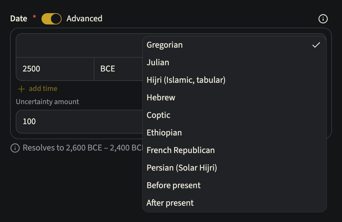 The Calendar picker opened, listing Gregorian, Julian, Hijri, Hebrew, Coptic, Ethiopian, French Republican, Persian, Before present and After present
