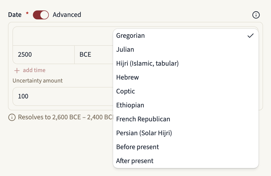 The Calendar picker opened, listing Gregorian, Julian, Hijri, Hebrew, Coptic, Ethiopian, French Republican, Persian, Before present and After present