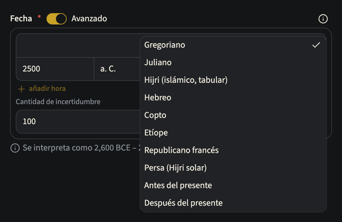 El selector de calendario desplegado, con Gregoriano, Juliano, Hijri, Hebreo, Copto, Etíope, Republicano francés, Persa, Antes del presente y Después del presente