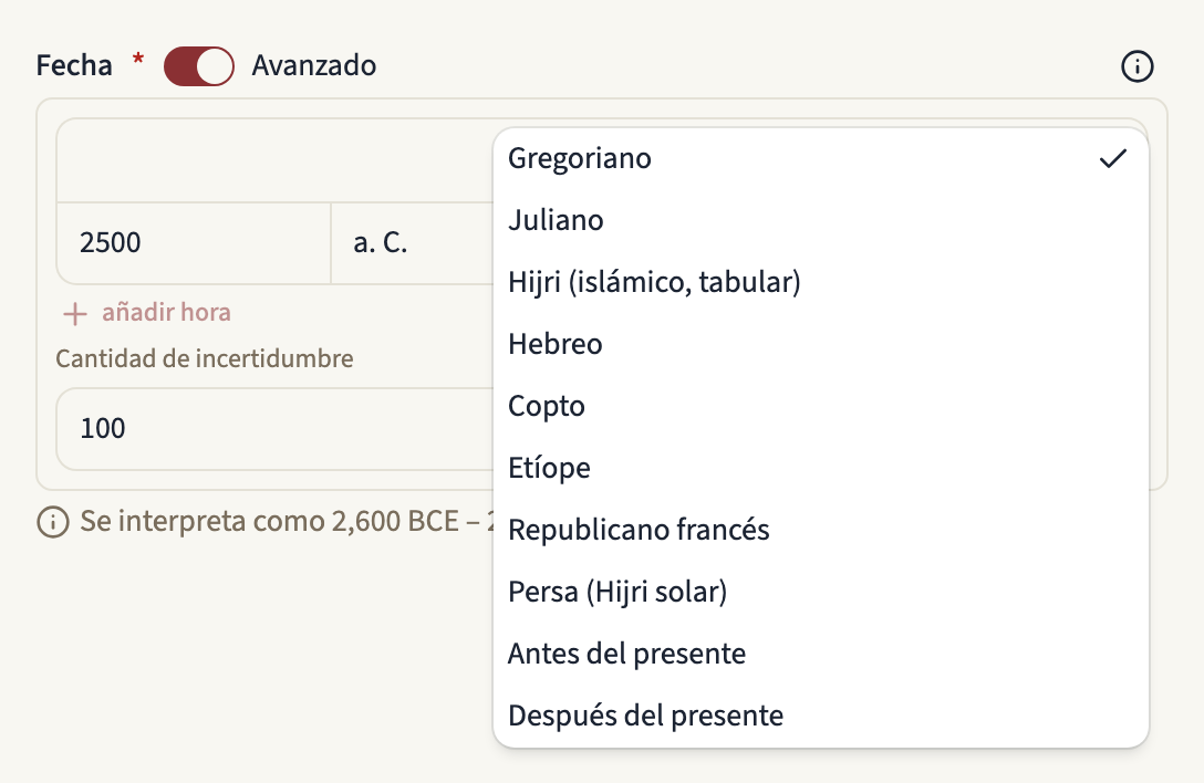 El selector de calendario desplegado, con Gregoriano, Juliano, Hijri, Hebreo, Copto, Etíope, Republicano francés, Persa, Antes del presente y Después del presente
