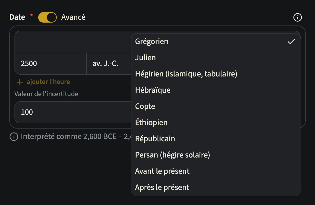 Le sélecteur de calendrier ouvert, avec Grégorien, Julien, Hégirien, Hébraïque, Copte, Éthiopien, Républicain, Persan, Avant le présent et Après le présent