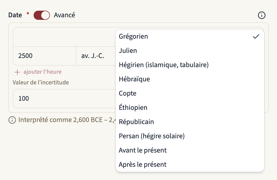 Le sélecteur de calendrier ouvert, avec Grégorien, Julien, Hégirien, Hébraïque, Copte, Éthiopien, Républicain, Persan, Avant le présent et Après le présent