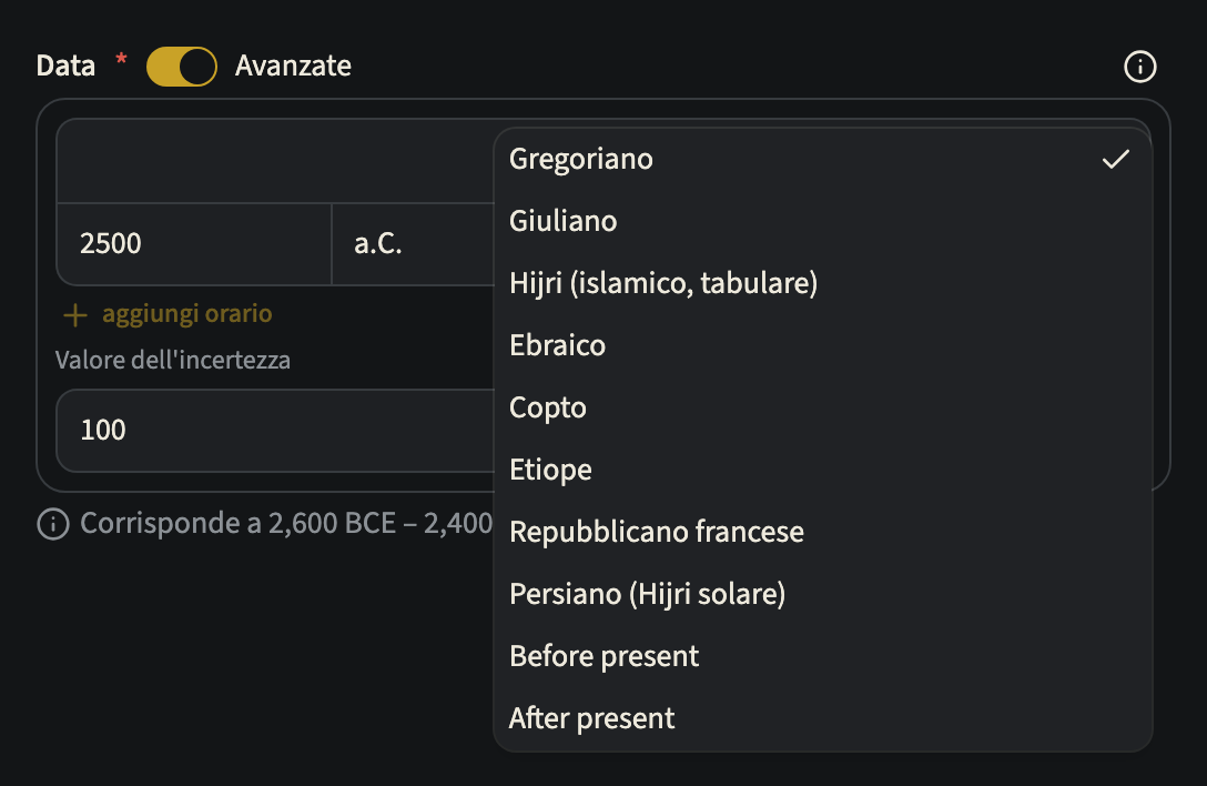 Il selettore Calendario aperto, con Gregoriano, Giuliano, Hijri, Ebraico, Copto, Etiope, Repubblicano francese, Persiano, Before present e After present