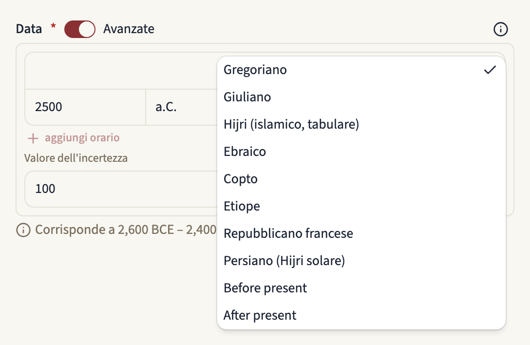 Il selettore Calendario aperto, con Gregoriano, Giuliano, Hijri, Ebraico, Copto, Etiope, Repubblicano francese, Persiano, Before present e After present