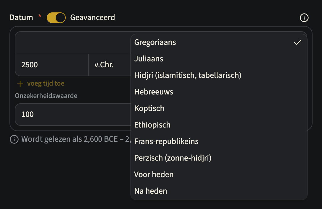 De opengeklapte keuzelijst Kalender met Gregoriaans, Juliaans, Hidjri, Hebreeuws, Koptisch, Ethiopisch, Frans-republikeins, Perzisch, Voor heden en Na heden