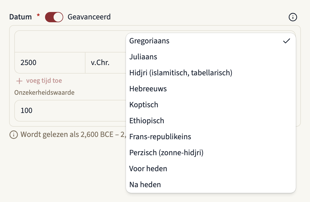 De opengeklapte keuzelijst Kalender met Gregoriaans, Juliaans, Hidjri, Hebreeuws, Koptisch, Ethiopisch, Frans-republikeins, Perzisch, Voor heden en Na heden
