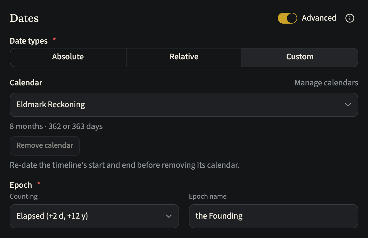 The Dates section of a timeline's form with Advanced on and Custom chosen under Date types. The Calendar row shows a select set to Eldmark Reckoning, a Manage calendars link, the summary 8 months · 362 or 363 days beneath it, and a greyed-out Remove calendar button; under Epoch come Counting and the Epoch name the Founding