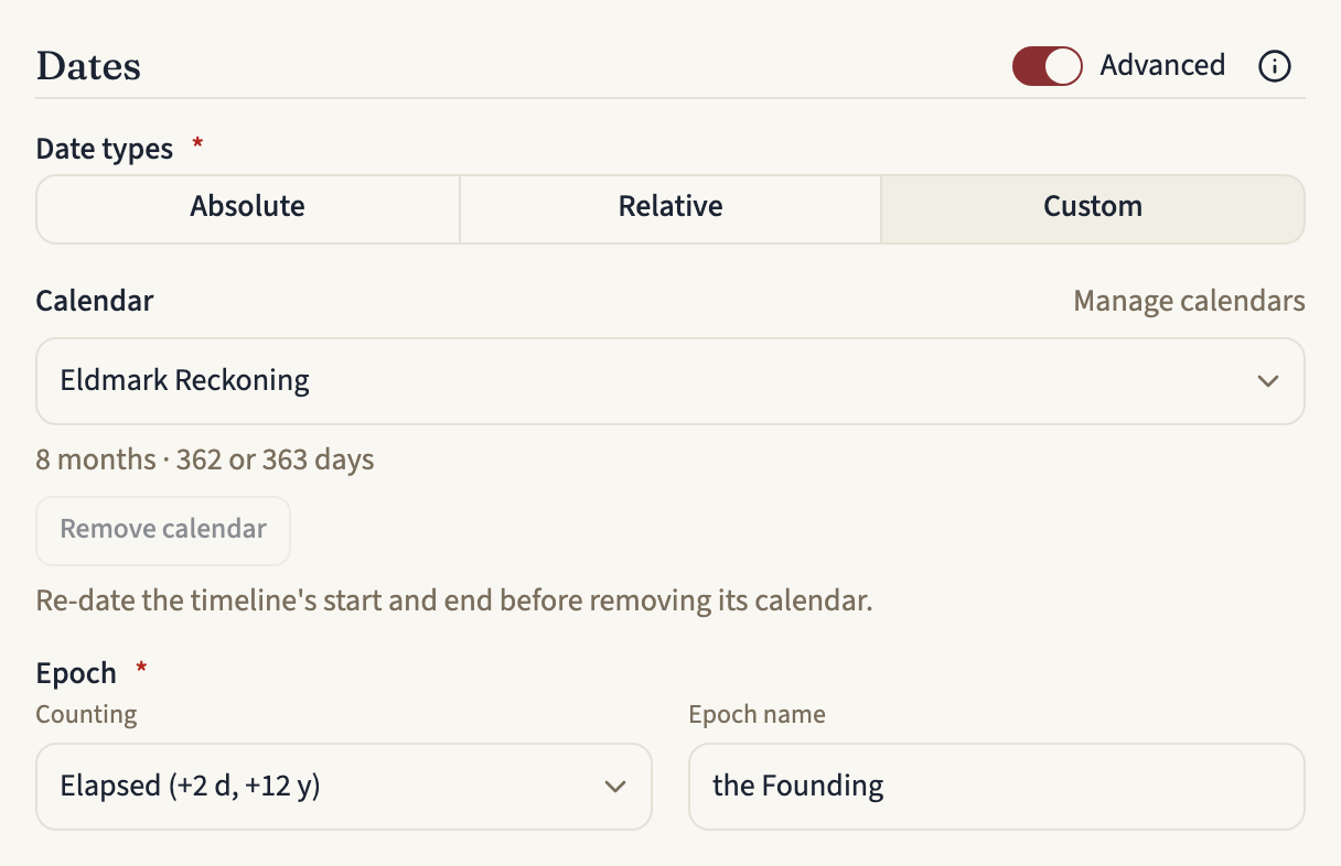 The Dates section of a timeline's form with Advanced on and Custom chosen under Date types. The Calendar row shows a select set to Eldmark Reckoning, a Manage calendars link, the summary 8 months · 362 or 363 days beneath it, and a greyed-out Remove calendar button; under Epoch come Counting and the Epoch name the Founding