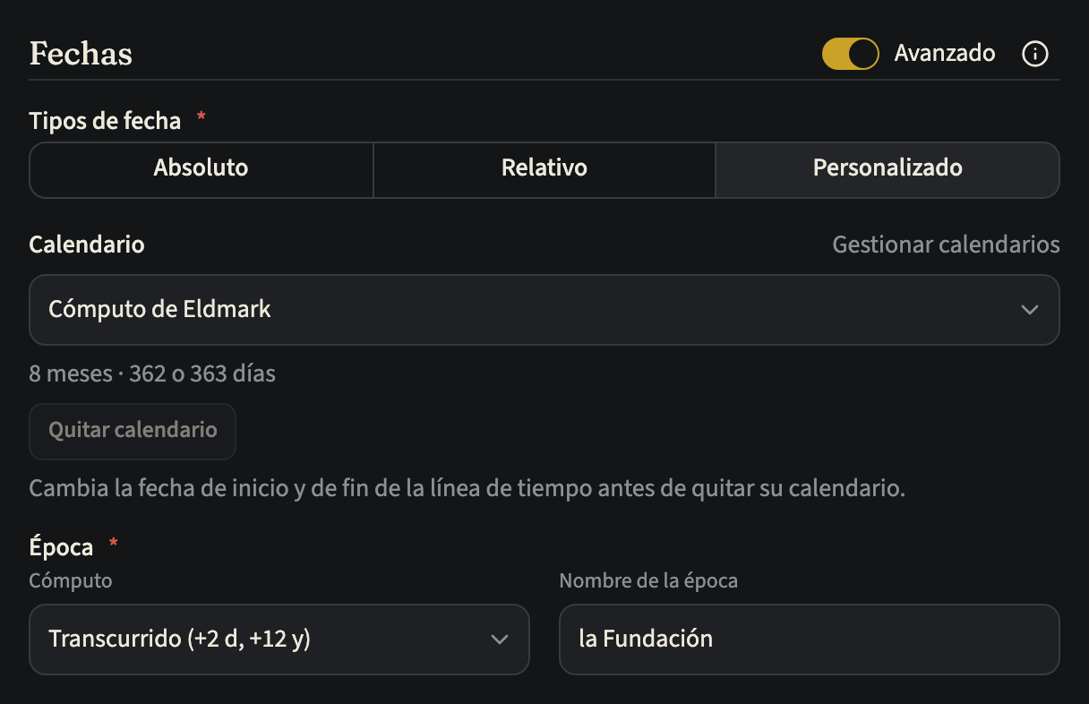 La sección Fechas del formulario de una línea de tiempo, con Avanzado activado y Personalizado elegido en Tipos de fecha. La fila Calendario muestra un selector con el Cómputo de Eldmark, un enlace Gestionar calendarios, debajo el resumen 8 meses · 362 o 363 días y un botón Quitar calendario atenuado; bajo Época aparecen Cómputo y el Nombre de la época la Fundación