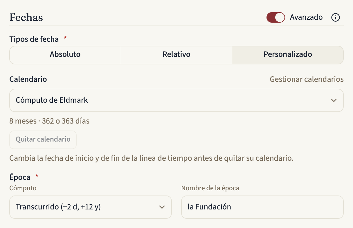 La sección Fechas del formulario de una línea de tiempo, con Avanzado activado y Personalizado elegido en Tipos de fecha. La fila Calendario muestra un selector con el Cómputo de Eldmark, un enlace Gestionar calendarios, debajo el resumen 8 meses · 362 o 363 días y un botón Quitar calendario atenuado; bajo Época aparecen Cómputo y el Nombre de la época la Fundación