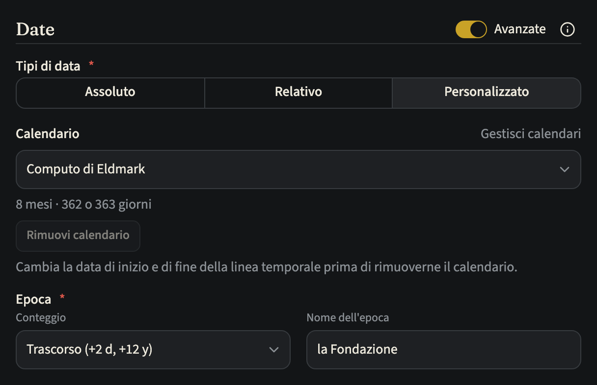 La sezione Date del modulo di una linea temporale, con Avanzate attivo e Personalizzato scelto in Tipi di data. La riga Calendario mostra un selettore sul Computo di Eldmark, un link Gestisci calendari, sotto il riepilogo 8 mesi · 362 o 363 giorni, e un pulsante Rimuovi calendario disattivato; sotto Epoca seguono Conteggio e il Nome dell'epoca la Fondazione