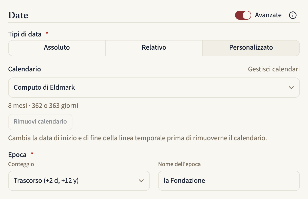La sezione Date del modulo di una linea temporale, con Avanzate attivo e Personalizzato scelto in Tipi di data. La riga Calendario mostra un selettore sul Computo di Eldmark, un link Gestisci calendari, sotto il riepilogo 8 mesi · 362 o 363 giorni, e un pulsante Rimuovi calendario disattivato; sotto Epoca seguono Conteggio e il Nome dell'epoca la Fondazione