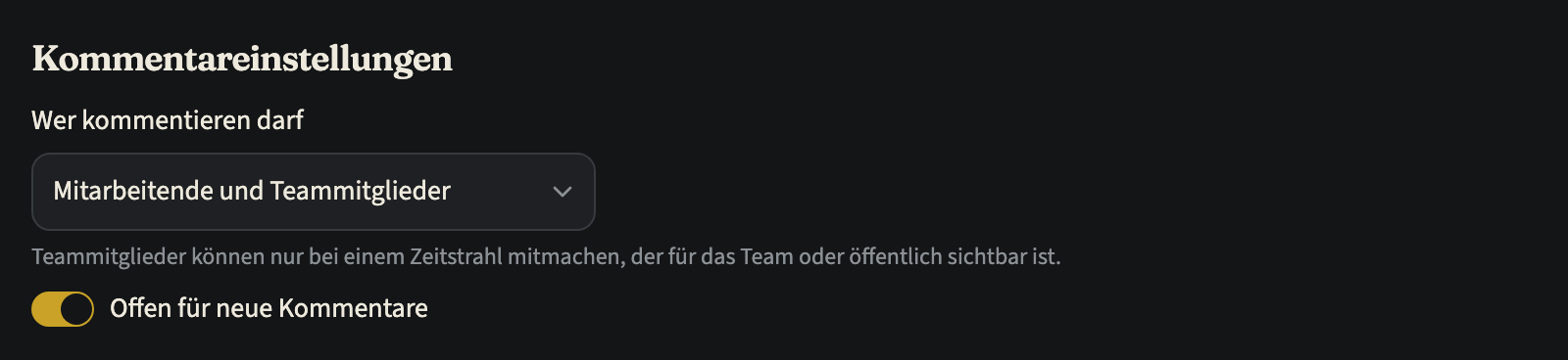 Die Kommentareinstellungen eines Zeitstrahls, der einem Team gehört: „Wer kommentieren darf“ steht auf „Mitarbeitende und Teammitglieder“, darunter der Hinweis, dass Teammitglieder nur bei einem Zeitstrahl mitmachen, der für das Team oder öffentlich sichtbar ist, und der eingeschaltete Schalter „Offen für neue Kommentare“