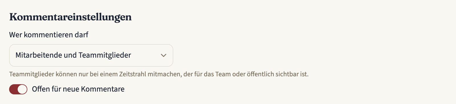 Die Kommentareinstellungen eines Zeitstrahls, der einem Team gehört: „Wer kommentieren darf“ steht auf „Mitarbeitende und Teammitglieder“, darunter der Hinweis, dass Teammitglieder nur bei einem Zeitstrahl mitmachen, der für das Team oder öffentlich sichtbar ist, und der eingeschaltete Schalter „Offen für neue Kommentare“