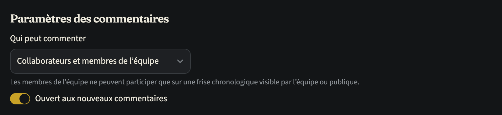 Les paramètres des commentaires d'une frise appartenant à une équipe : « Qui peut commenter » sur « Collaborateurs et membres de l'équipe », une note indiquant que les membres de l'équipe ne participent que sur une frise visible par l'équipe ou publique, et l'interrupteur « Ouvert aux nouveaux commentaires » activé
