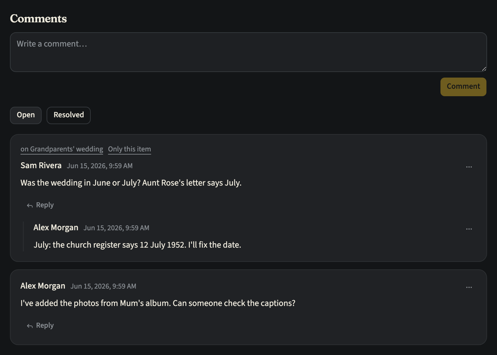 A timeline's Comments tab with the Write a comment… box and its Comment button, the Open / Resolved toggle on Open, and two threads, newest first: Sam Rivera's comment on an item, with a link to the item, Only this item and Alex Morgan's reply underneath, then Alex Morgan's comment on the whole timeline. Each thread has a Reply button