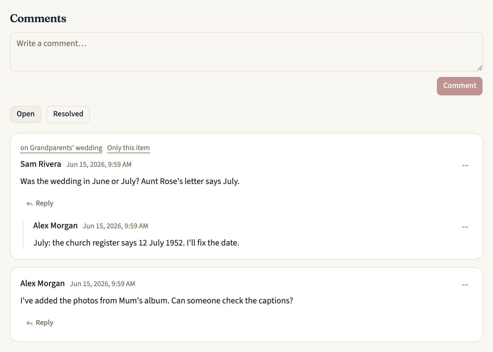 A timeline's Comments tab with the Write a comment… box and its Comment button, the Open / Resolved toggle on Open, and two threads, newest first: Sam Rivera's comment on an item, with a link to the item, Only this item and Alex Morgan's reply underneath, then Alex Morgan's comment on the whole timeline. Each thread has a Reply button