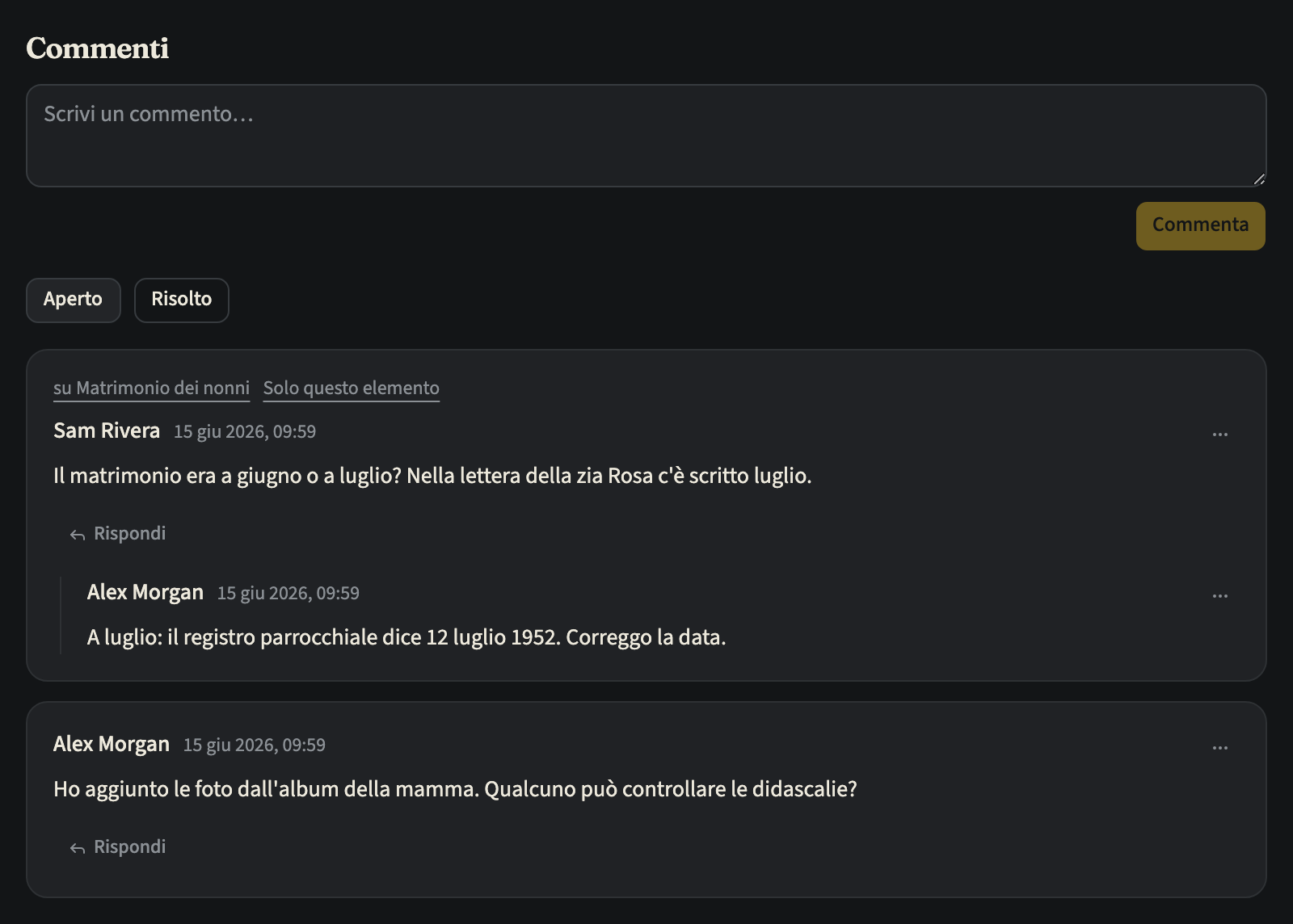 La scheda Commenti di una linea temporale con la casella Scrivi un commento… e il pulsante Commenta, il selettore Aperto / Risolto su Aperto e due discussioni, dalla più recente: il commento di Sam Rivera su un elemento, con un link all'elemento, Solo questo elemento e la risposta di Alex Morgan sotto, poi il commento di Alex Morgan sull'intera linea temporale. Ogni discussione ha un pulsante Rispondi
