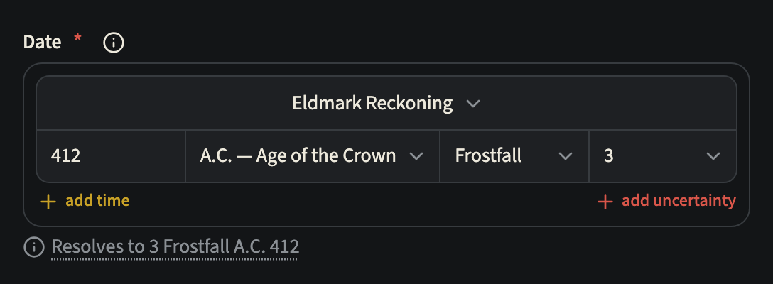 An event's Date field in a custom calendar: the Calendar picker set to Eldmark Reckoning, then the year 412, the era A.C. — Age of the Crown, the month Frostfall and day 3, which resolves to 3 Frostfall A.C. 412