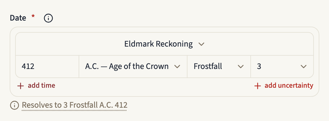 An event's Date field in a custom calendar: the Calendar picker set to Eldmark Reckoning, then the year 412, the era A.C. — Age of the Crown, the month Frostfall and day 3, which resolves to 3 Frostfall A.C. 412
