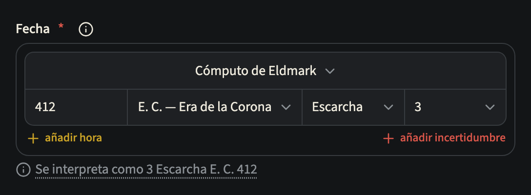 El campo de fecha de un evento en un calendario personalizado: el selector Calendario en Cómputo de Eldmark y, debajo, el año 412, la era E. C. — Era de la Corona, el mes Escarcha y el día 3, que corresponde a 3 Escarcha E. C. 412