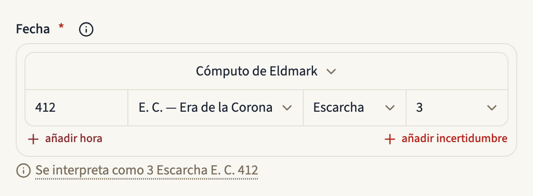 El campo de fecha de un evento en un calendario personalizado: el selector Calendario en Cómputo de Eldmark y, debajo, el año 412, la era E. C. — Era de la Corona, el mes Escarcha y el día 3, que corresponde a 3 Escarcha E. C. 412