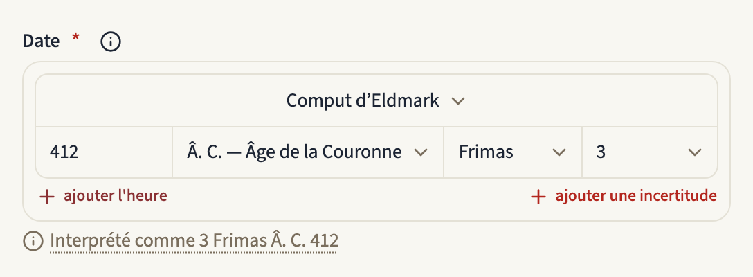 Le champ de date d'un événement dans un calendrier personnalisé : le sélecteur « Calendrier » sur Comput d’Eldmark, puis l'année 412, l'ère Â. C. — Âge de la Couronne, le mois Frimas et le jour 3, ce qui correspond au 3 Frimas Â. C. 412
