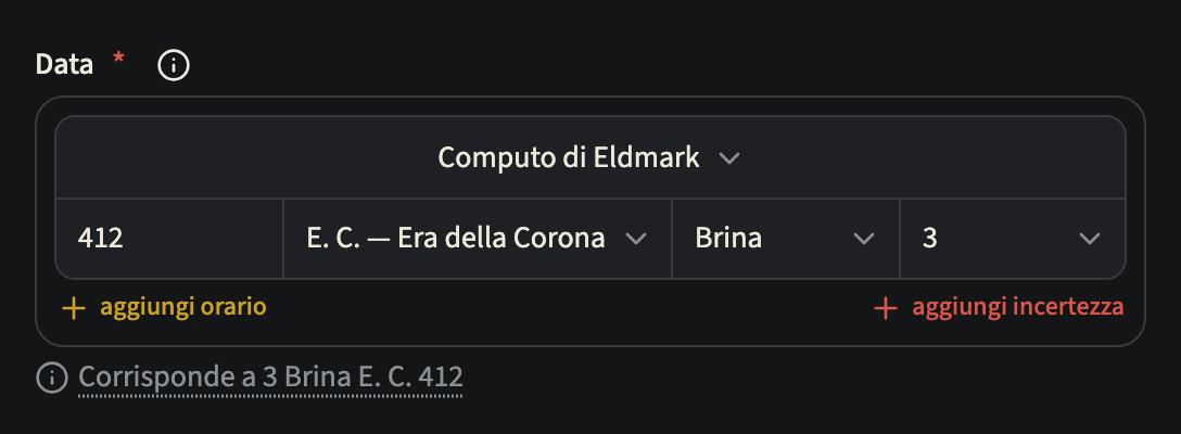 Il campo data di un evento in un calendario personalizzato: il selettore Calendario su Computo di Eldmark, poi l'anno 412, l'era E. C. — Era della Corona, il mese Brina e il giorno 3, che corrisponde a 3 Brina E. C. 412