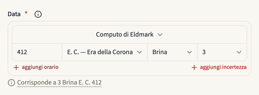 Il campo data di un evento in un calendario personalizzato: il selettore Calendario su Computo di Eldmark, poi l'anno 412, l'era E. C. — Era della Corona, il mese Brina e il giorno 3, che corrisponde a 3 Brina E. C. 412