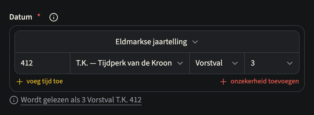 Het datumveld van een gebeurtenis in een aangepaste kalender: de keuzelijst Kalender op Eldmarkse jaartelling, daaronder het jaar 412, het tijdperk T.K. — Tijdperk van de Kroon, de maand Vorstval en dag 3, wat uitkomt op 3 Vorstval T.K. 412