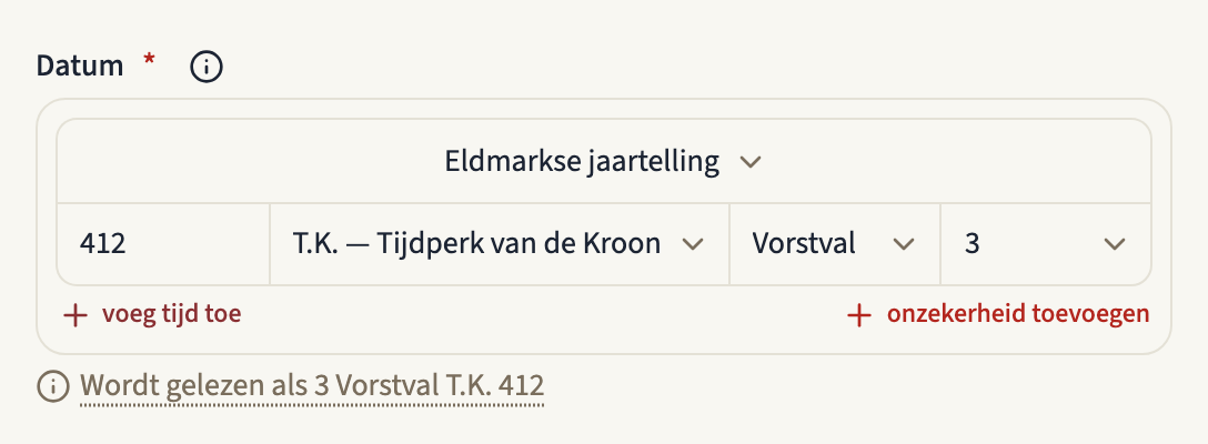 Het datumveld van een gebeurtenis in een aangepaste kalender: de keuzelijst Kalender op Eldmarkse jaartelling, daaronder het jaar 412, het tijdperk T.K. — Tijdperk van de Kroon, de maand Vorstval en dag 3, wat uitkomt op 3 Vorstval T.K. 412