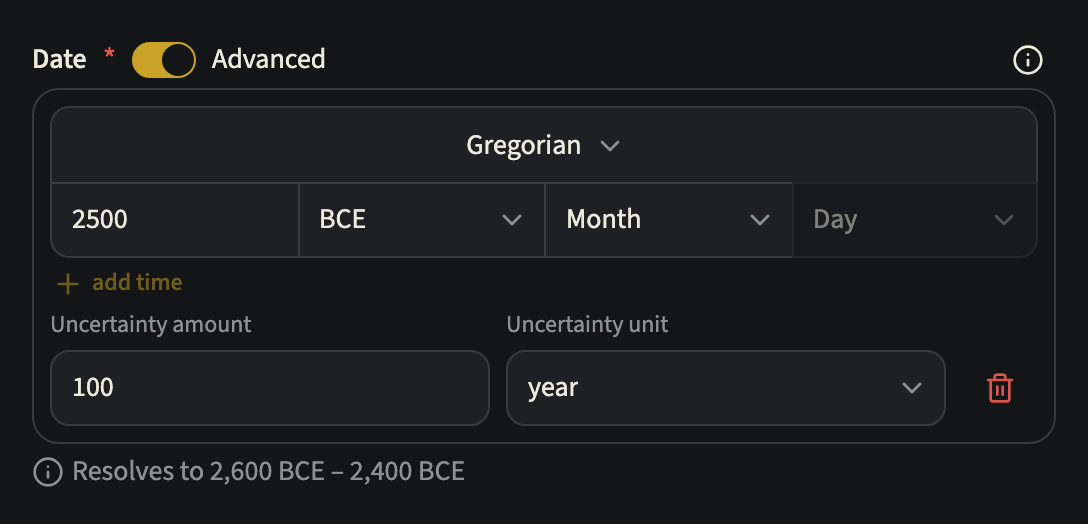 An event's Date field with Advanced on: the Calendar picker set to Gregorian, the year 2500 with the era BCE, an uncertainty of 100 years, and the range the date resolves to