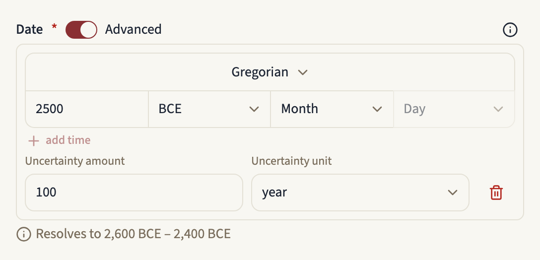 An event's Date field with Advanced on: the Calendar picker set to Gregorian, the year 2500 with the era BCE, an uncertainty of 100 years, and the range the date resolves to