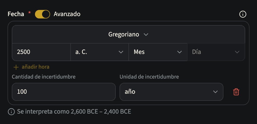 El campo Fecha de un evento con Avanzado activado: el selector de calendario en Gregoriano, el año 2500 con la era a. C., una incertidumbre de 100 años y el intervalo en que se interpreta la fecha