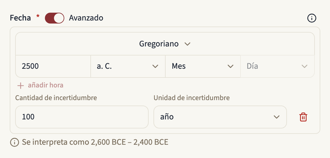 El campo Fecha de un evento con Avanzado activado: el selector de calendario en Gregoriano, el año 2500 con la era a. C., una incertidumbre de 100 años y el intervalo en que se interpreta la fecha