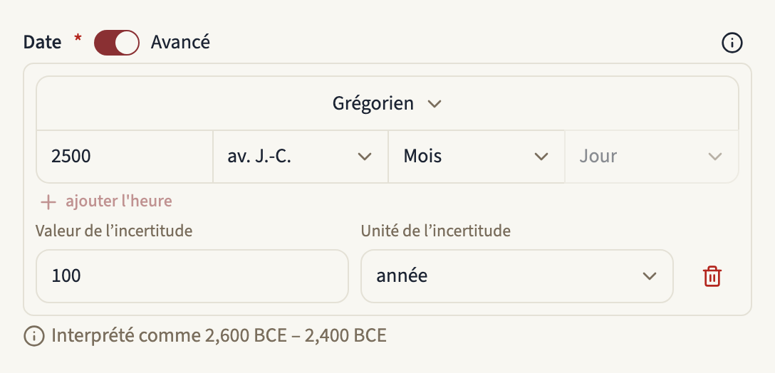 Le champ Date d'un événement avec Avancé activé : le sélecteur de calendrier sur Grégorien, l'année 2500 avec l'ère av. J.-C., une incertitude de 100 ans et l'intervalle dans lequel la date est interprétée