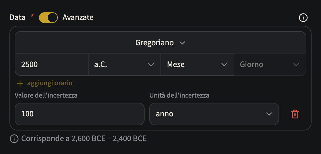 Il campo Data di un evento con Avanzate attivo: il selettore Calendario su Gregoriano, l'anno 2500 con l'era a.C., un'incertezza di 100 anni e l'intervallo a cui corrisponde la data