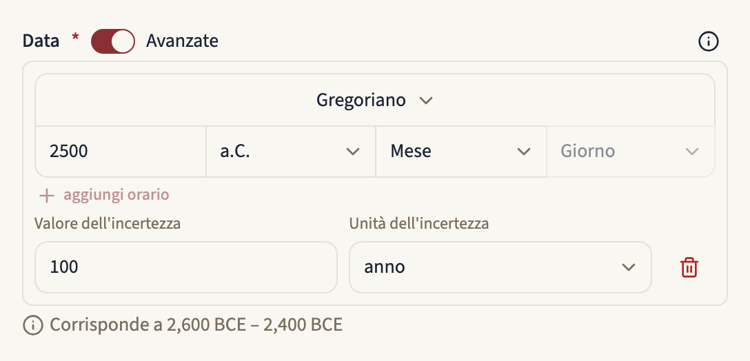 Il campo Data di un evento con Avanzate attivo: il selettore Calendario su Gregoriano, l'anno 2500 con l'era a.C., un'incertezza di 100 anni e l'intervallo a cui corrisponde la data