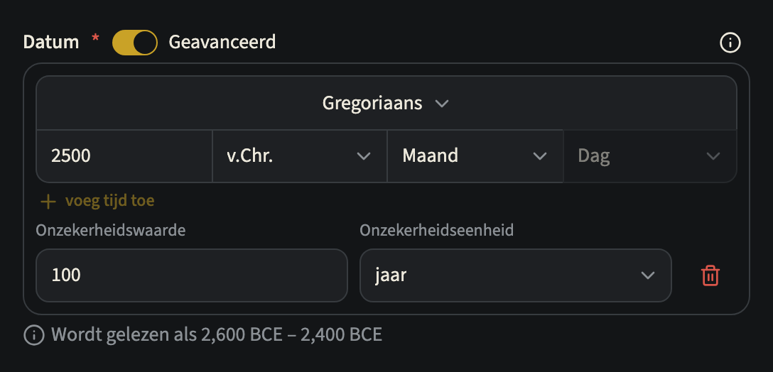 Het veld Datum van een gebeurtenis met Geavanceerd aan: de keuzelijst Kalender op Gregoriaans, het jaar 2500 met het tijdperk v.Chr., een onzekerheid van 100 jaar en het bereik waarin de datum wordt gelezen