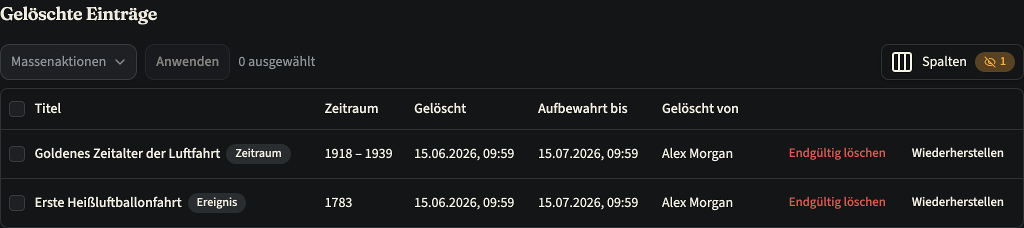 Die Liste „Gelöschte Einträge“ eines Zeitstrahls mit einem gelöschten Zeitraum und einem gelöschten Ereignis, jeweils mit Löschdatum, dem Datum unter „Aufbewahrt bis“, wer sie gelöscht hat, und den Buttons „Endgültig löschen“ und „Wiederherstellen“