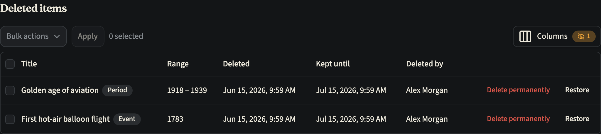 The Deleted items list of a timeline, showing a deleted period and a deleted event with the date each was deleted, its Kept until date, who deleted it, and Delete permanently and Restore buttons