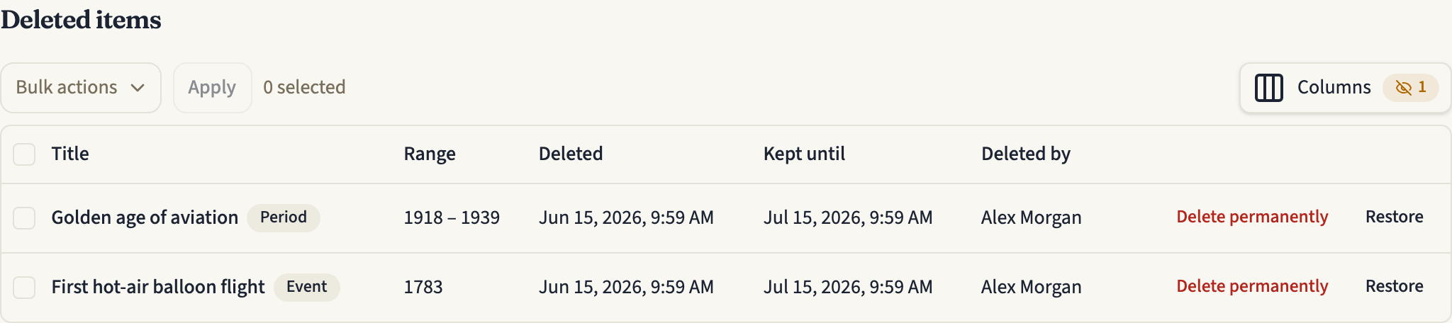 The Deleted items list of a timeline, showing a deleted period and a deleted event with the date each was deleted, its Kept until date, who deleted it, and Delete permanently and Restore buttons