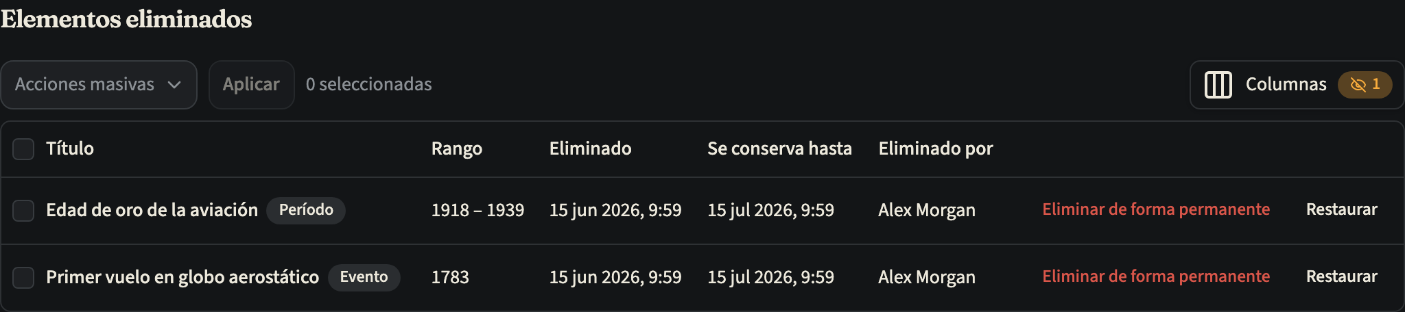 La lista «Elementos eliminados» de una línea de tiempo, con un período y un evento eliminados, cada uno con su fecha de eliminación, la fecha de «Se conserva hasta», quién lo eliminó y los botones «Eliminar de forma permanente» y «Restaurar»